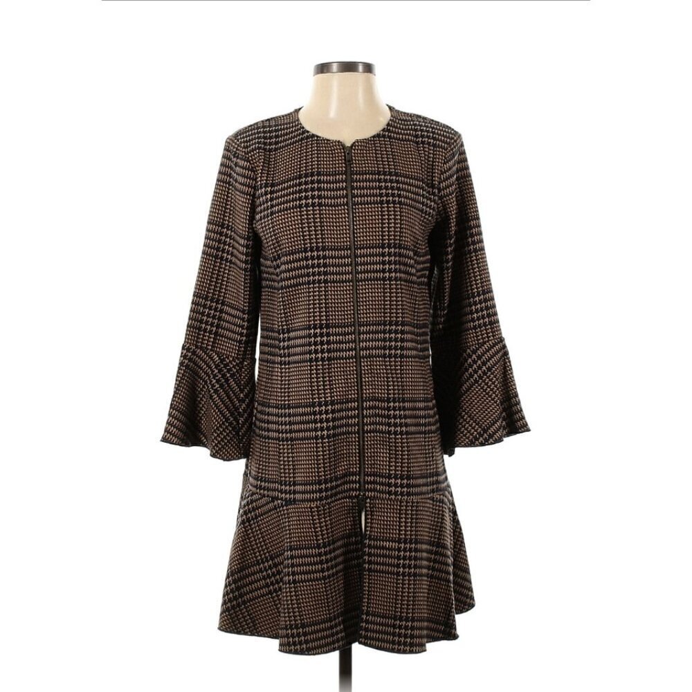 CABI Flounce Plaid mini Dress Brown & black Bell Sleeve Full zip Size Small